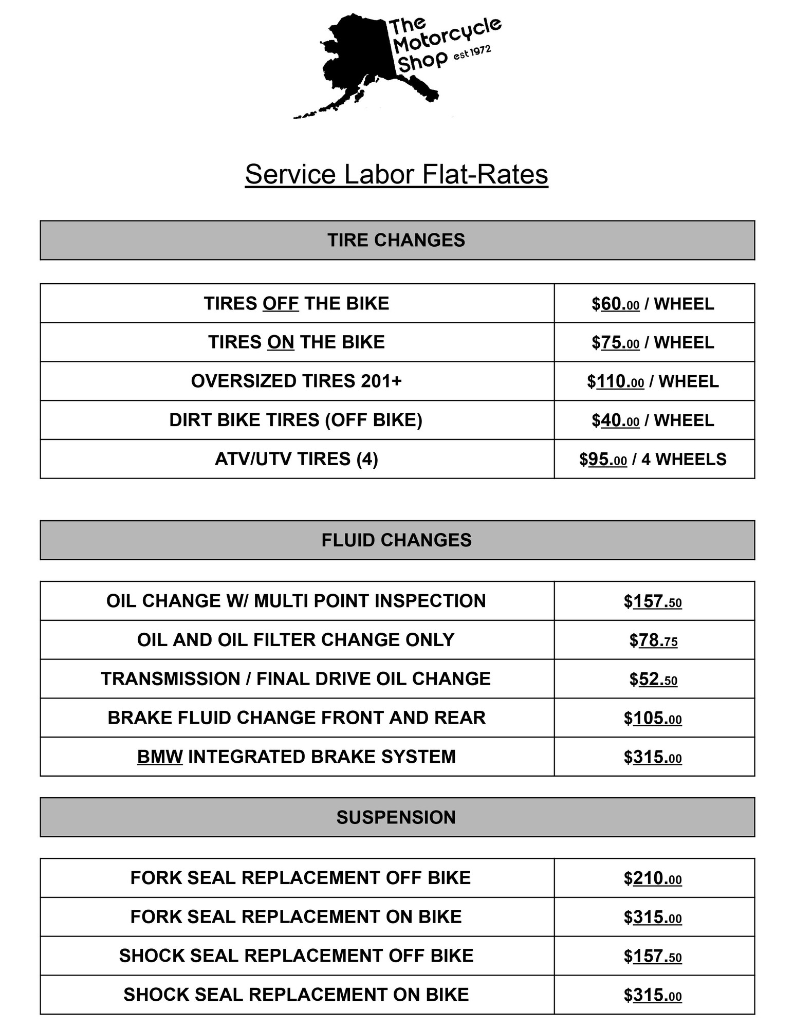 Service Rates | The Motorcycle Shop | Anchorage Alaska